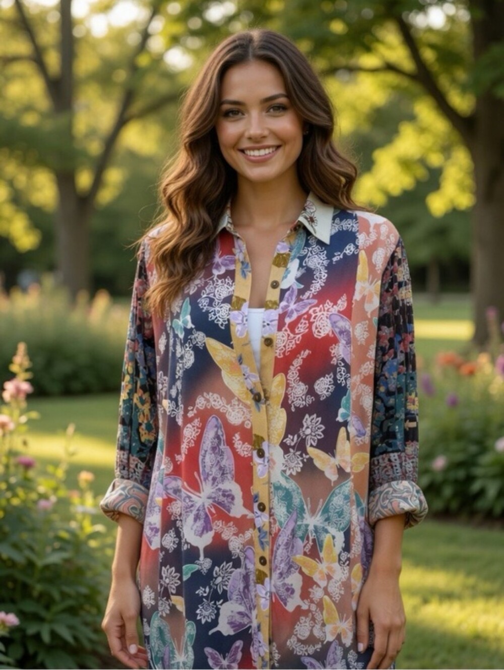 John Mark Velvet Burnout Top Pockets Button Up Butterfly Embroidered Boho Tunic